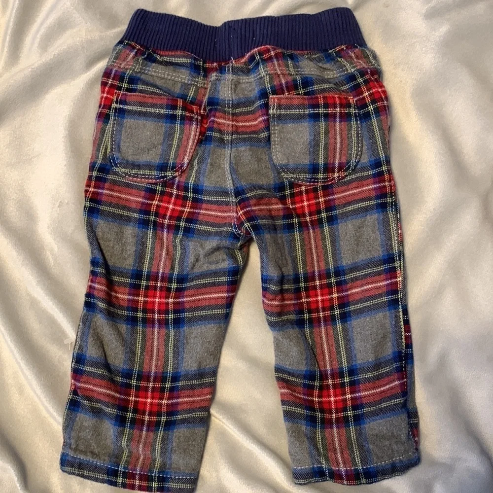 Baby Boden size 12-18 months gray red blue plaid tartan pants lined Christmas